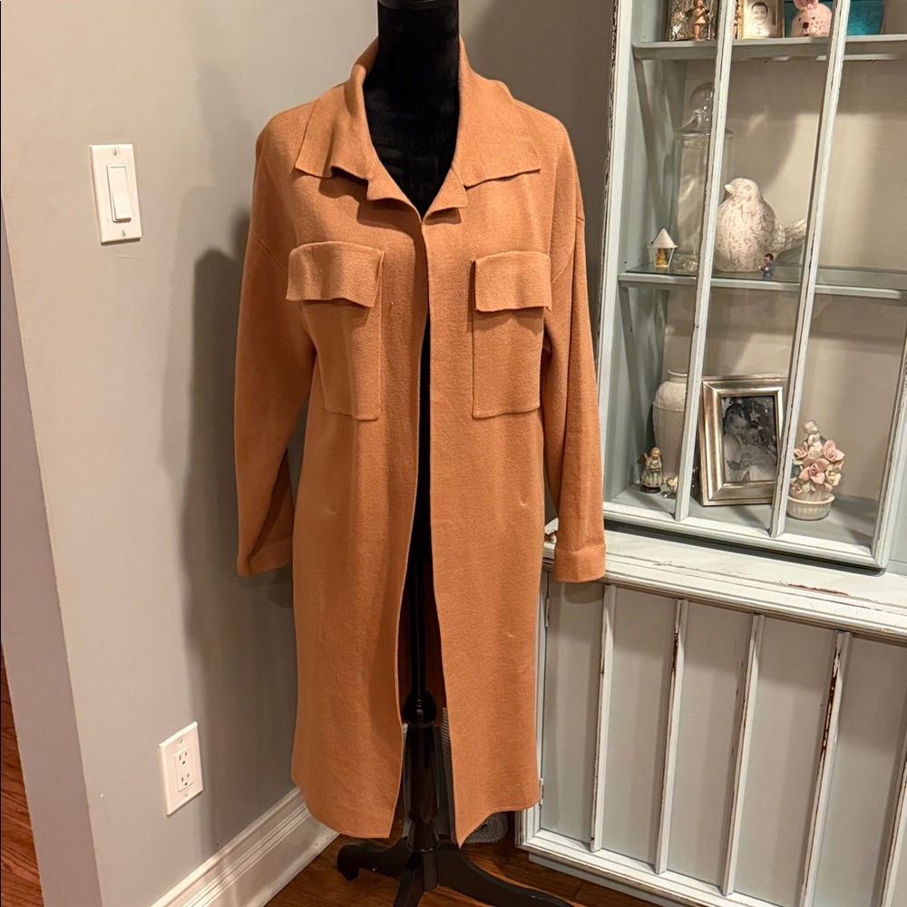 Elegant Women's Caramel colored long cardigan sweater